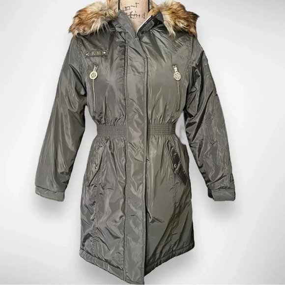 DKNY Girls Olive Green‎ Stadium Parka Cinched Waist Faux Fur Trim Large | NWT - Picture 2 of 14